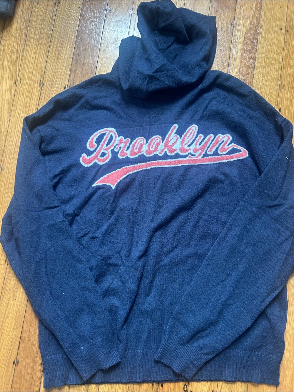 Market & Spruce Navy Crewneck Sweater with Red and White 'Brooklyn' Script